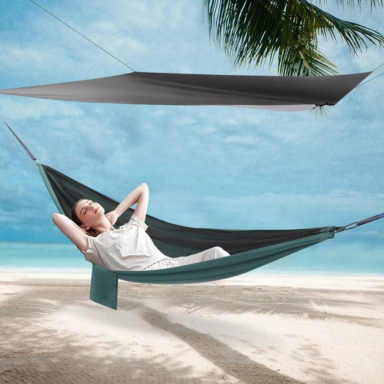 Camping Hammock, Hammocks with Sun Shade Tent and Rain Fly Tarp, Hammock with Built-in Pocket for Backpacking and Travel, 440.9LBS Load-Bearing Capacity (Black, Blackish Green)