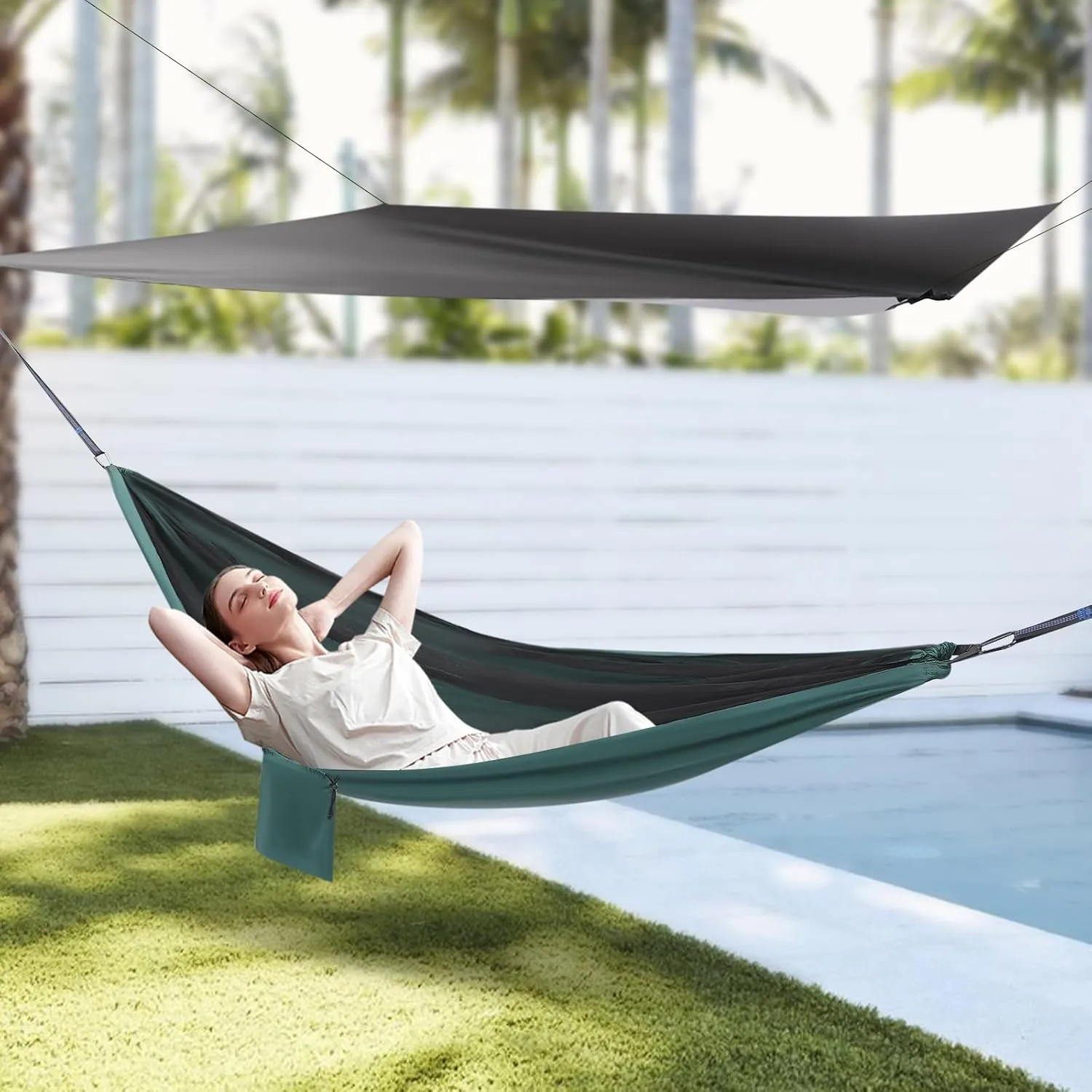 Camping Hammock, Hammocks with Sun Shade Tent and Rain Fly Tarp, Hammock with Built-in Pocket for Backpacking and Travel, 440.9LBS Load-Bearing Capacity (Black, Blackish Green)