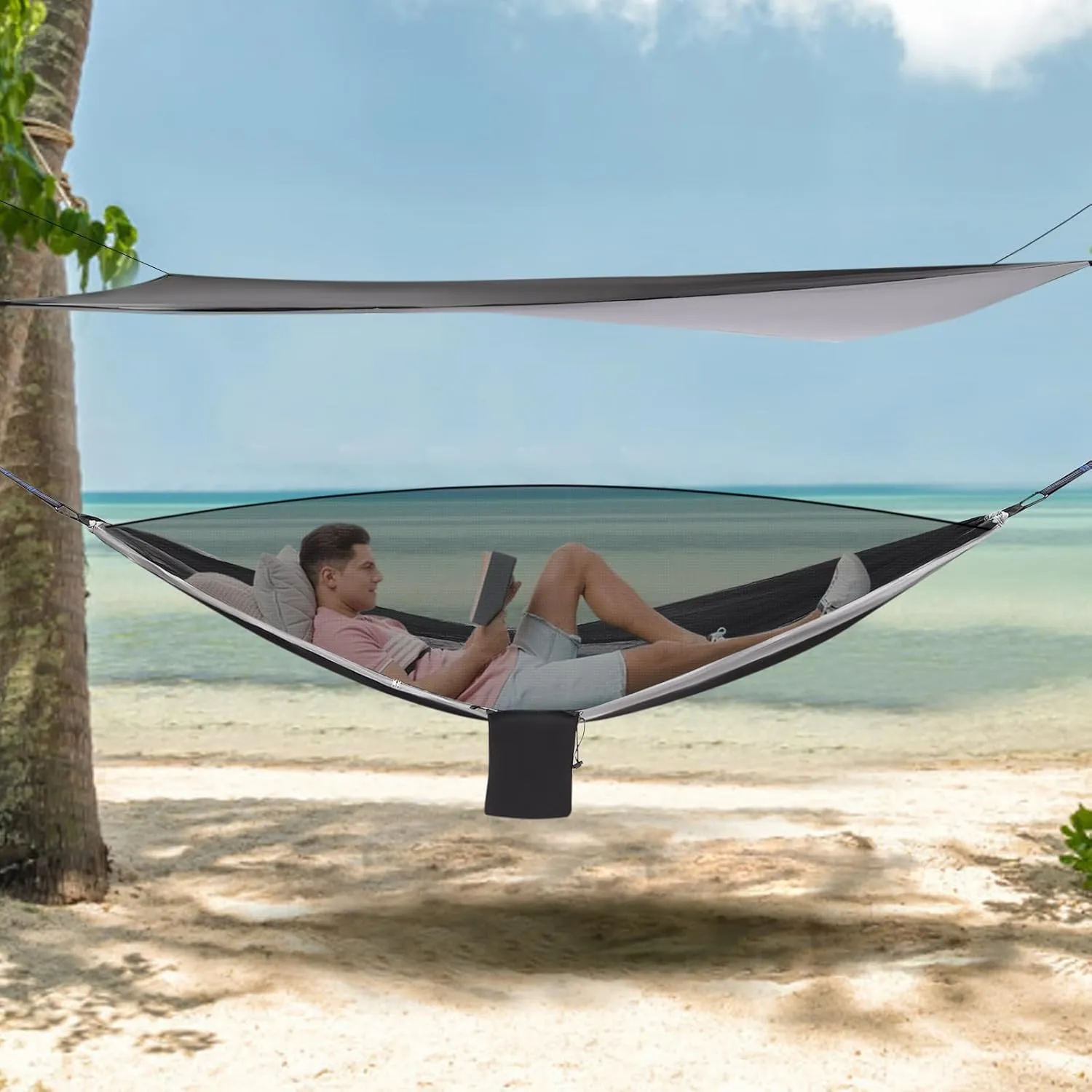 Camping Hammock, Hammocks with Sun Shade Tent and Rain Fly Tarp, Hammock with Built-in Pocket for Backpacking and Travel, 440.9LBS Load-Bearing Capacity (Black, Grey)