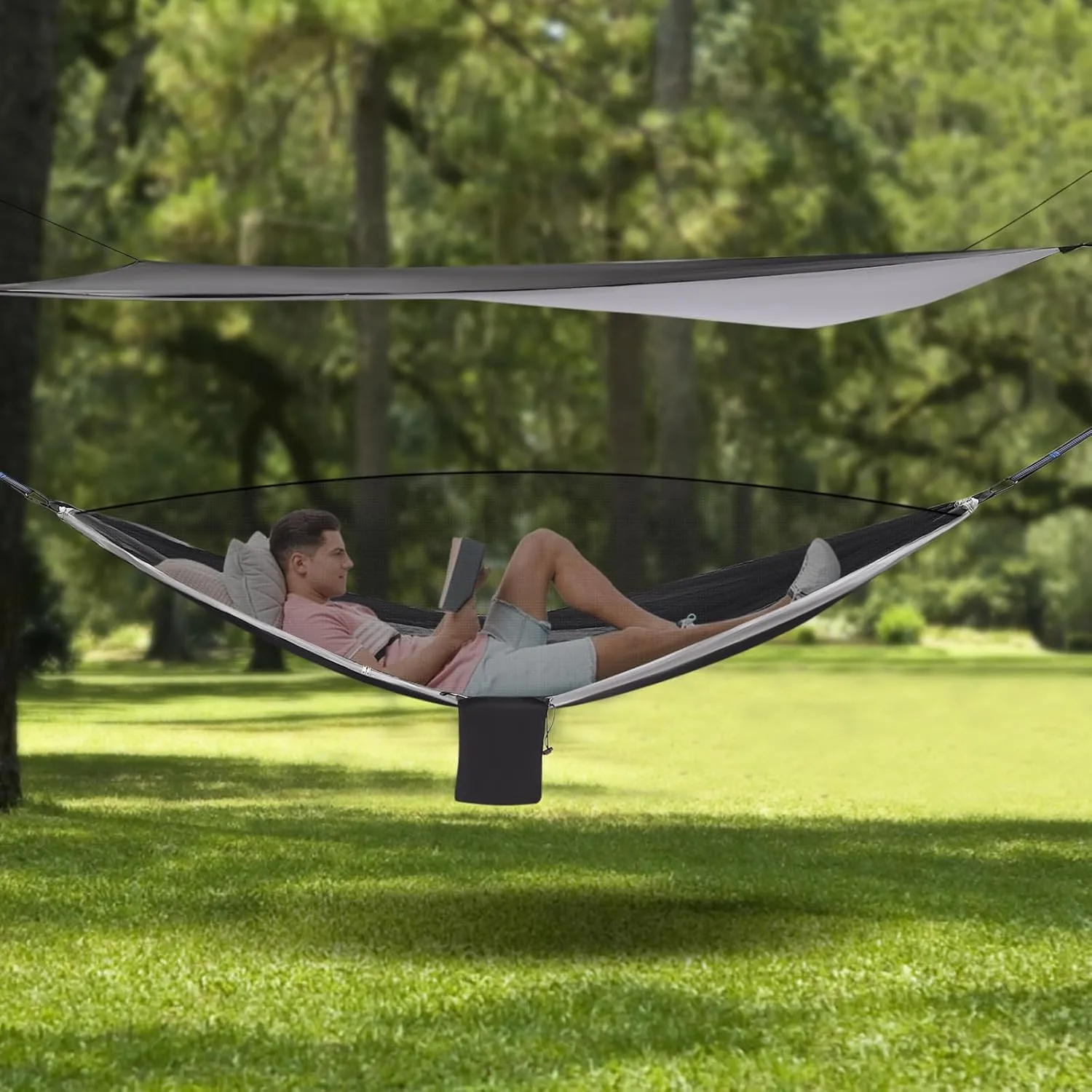 Camping Hammock, Hammocks with Sun Shade Tent and Rain Fly Tarp, Hammock with Built-in Pocket for Backpacking and Travel, 440.9LBS Load-Bearing Capacity (Black, Grey)