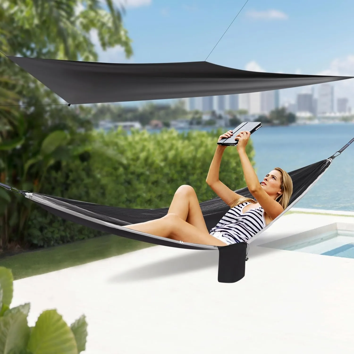 Camping Hammock, Hammocks with Sun Shade Tent and Rain Fly Tarp, Hammock with Built-in Pocket for Backpacking and Travel, 440.9LBS Load-Bearing Capacity (Black, Grey)