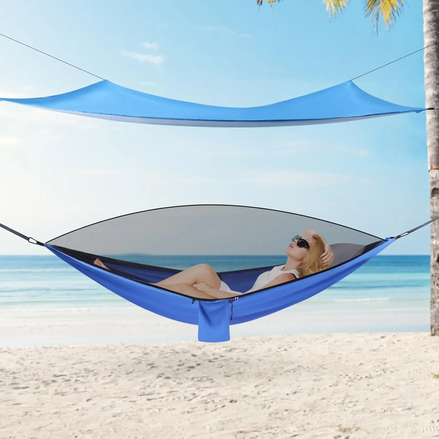 Camping Hammock, Hammocks with Sun Shade Tent and Rain Fly Tarp, Hammock with Built-in Pocket for Backpacking and Travel, 440.9LBS Load-Bearing Capacity (Blue)