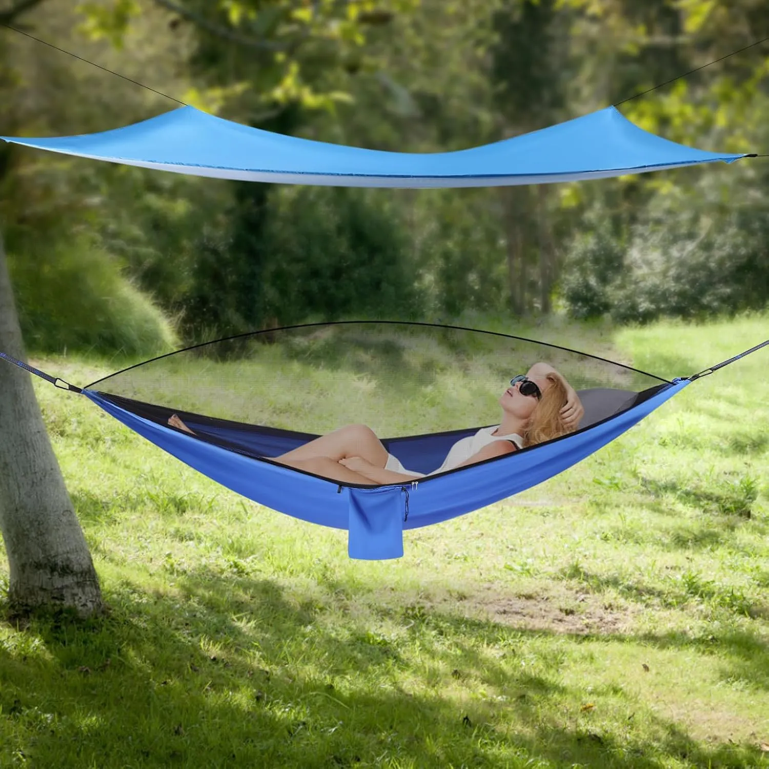 Camping Hammock, Hammocks with Sun Shade Tent and Rain Fly Tarp, Hammock with Built-in Pocket for Backpacking and Travel, 440.9LBS Load-Bearing Capacity (Blue)