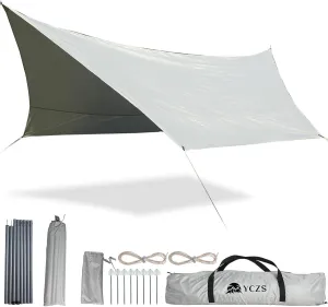 Camping Tarp Set,14x12ft, Sun and Rain Protection Canopy, Waterproof, Heat-Insulating，Hexagonal Design, Even Force, Stronger Stability, for Camping, Picnic, Beach, Outdoor Activities, Gray