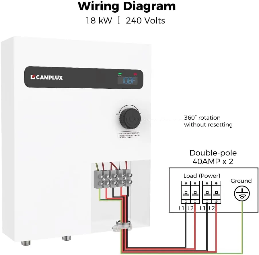 CAMPLUX Tankless Electric Water Heater 18kW, On Demand Hot Water Heater Electric with Digital Display 240V for Whole House Shower, White