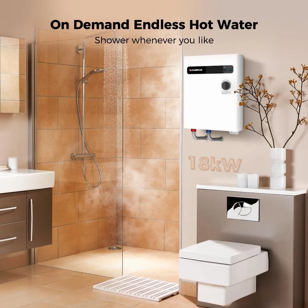 CAMPLUX Tankless Electric Water Heater 18kW, On Demand Hot Water Heater Electric with Digital Display 240V for Whole House Shower, White