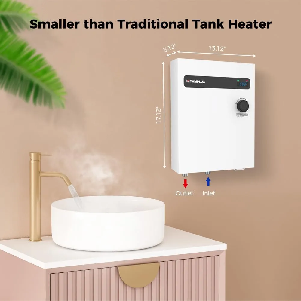 CAMPLUX Tankless Electric Water Heater 18kW, On Demand Hot Water Heater Electric with Digital Display 240V for Whole House Shower, White