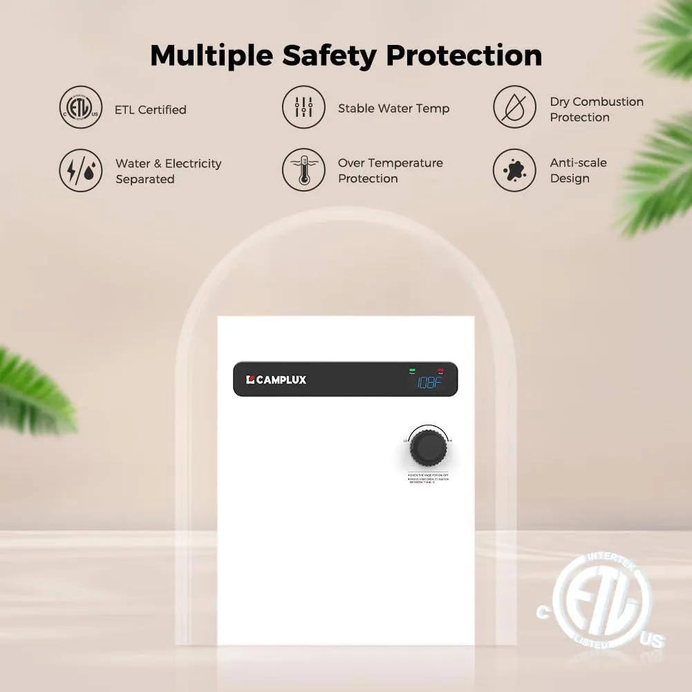 CAMPLUX Tankless Electric Water Heater 18kW, On Demand Hot Water Heater Electric with Digital Display 240V for Whole House Shower, White