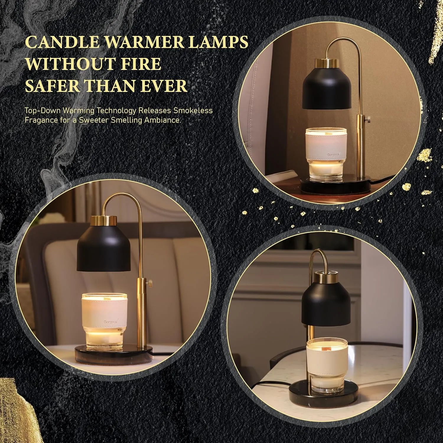 Candle Warmer Lamp, with 2 Bulbs,Timer & Dimmer,Compatible with Large Yankee Candle Jars,3 Wick Candles,Height Adjustable Electric Top Melter,110-120v, (Black Marble)