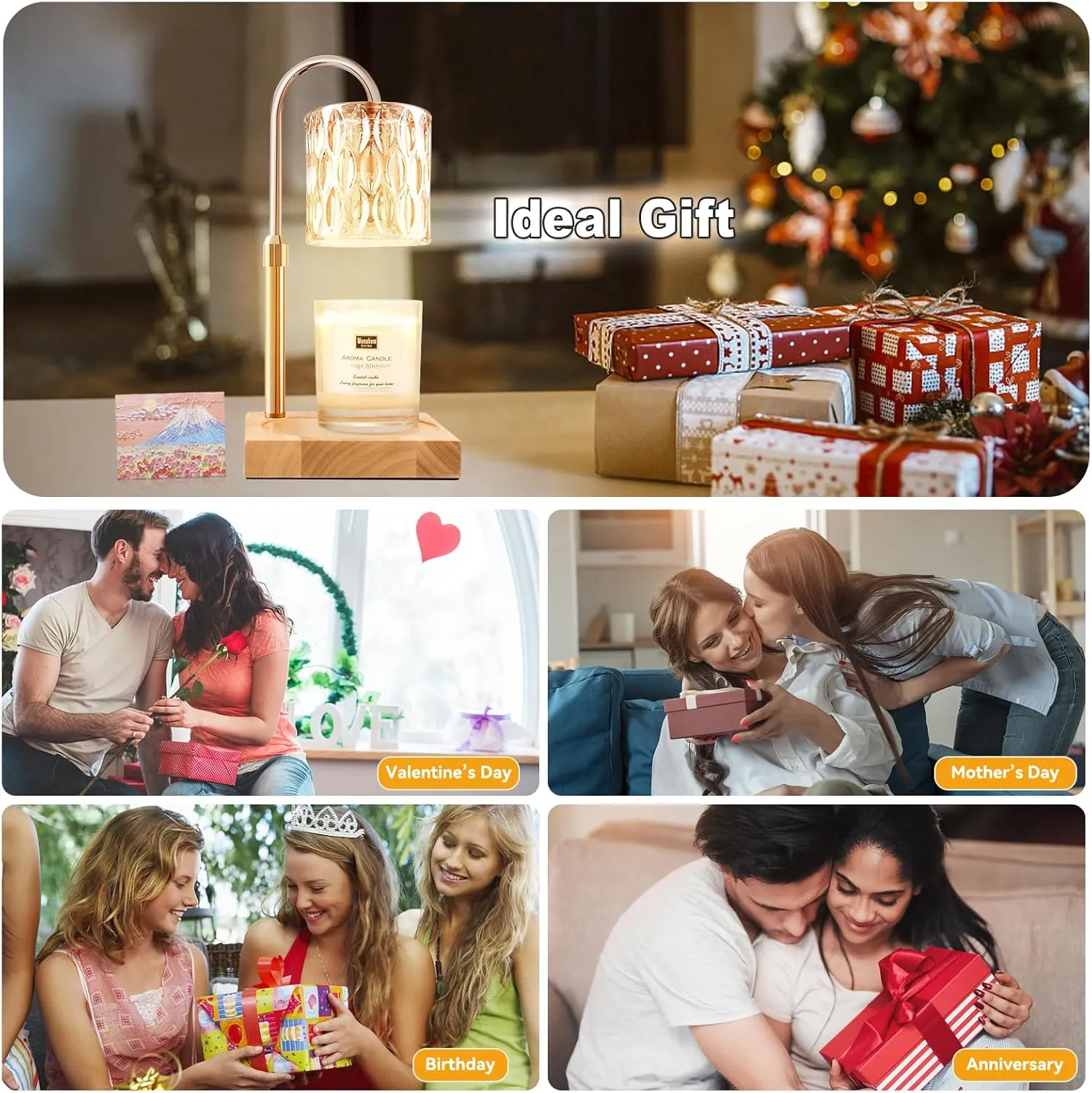 Candle Warmer Lamp with 3 Bulbs, Adjustable Height Dimmable Candle Warmer with Timer, Candle Lamp with Charming Gift Box Ribbon, Mothers Day Birthday Gifts for Women Mom
