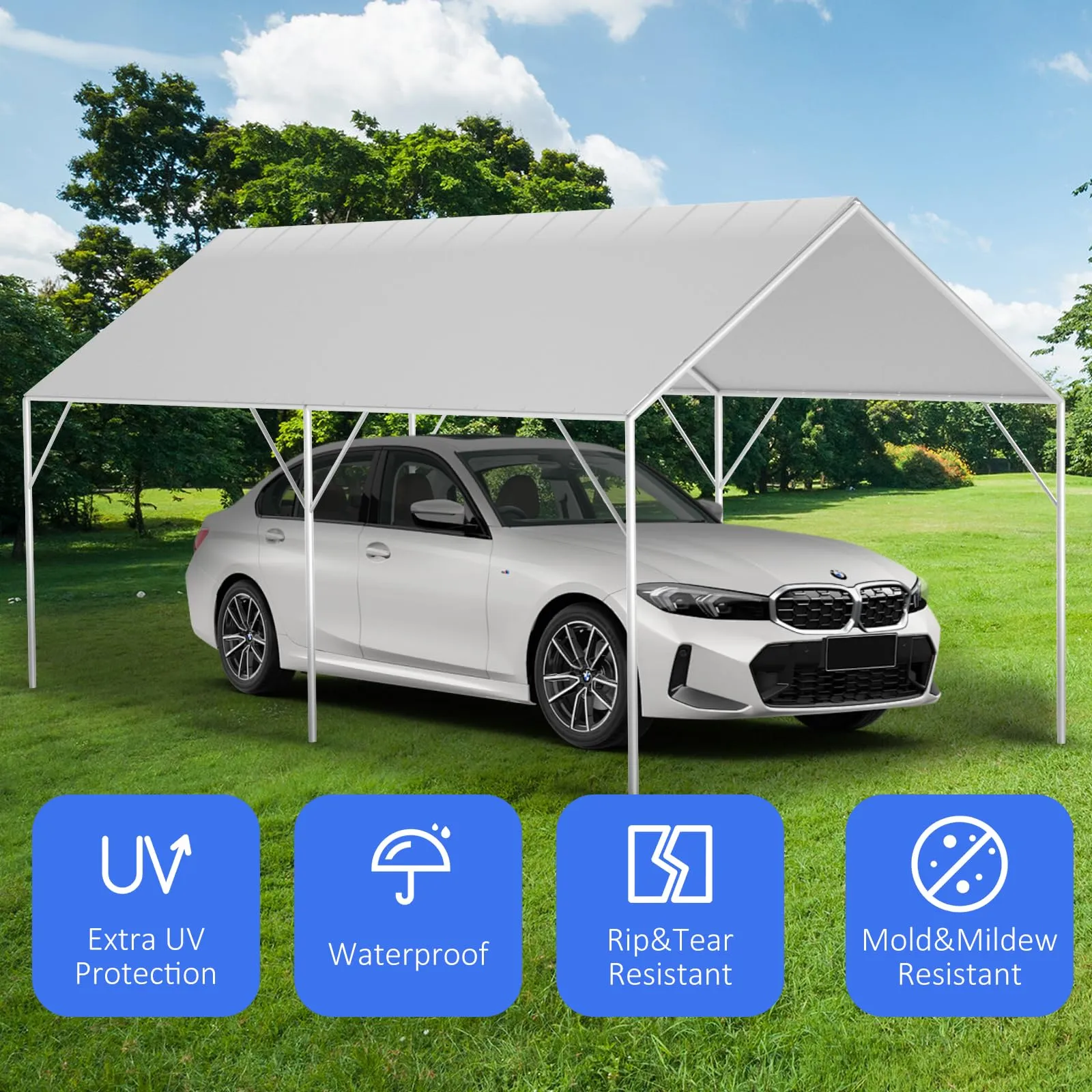 Canopy Replacement Cover for 10' x 20' Carport Frame, 200G Heavy Duty Replacement Top Cover for Car Garage, Waterproof & UV Protected Tarp with 48 Ball Bungees (Only Cover, Frame Not Included), White