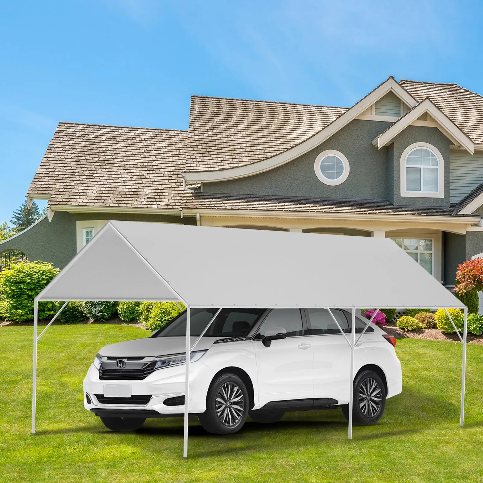 Canopy Replacement Cover for 10' x 20' Carport Frame, 200G Heavy Duty Replacement Top Cover for Car Garage, Waterproof & UV Protected Tarp with 48 Ball Bungees (Only Cover, Frame Not Included), White