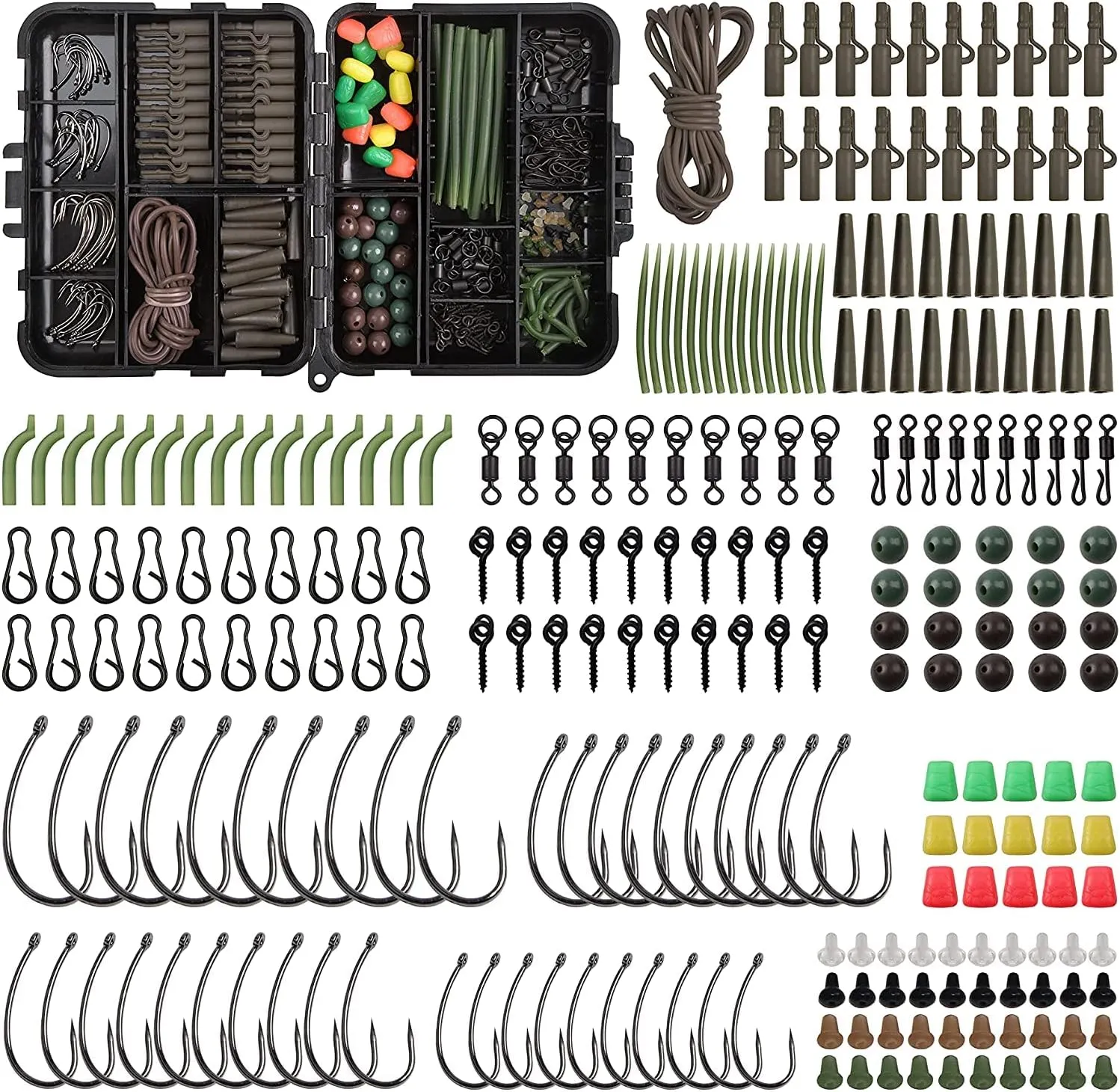 Carp Fishing Equipment Tackle Box Kit 246pcs Include Barbless Hooks, Swivels, Safety Clips, Rubber Tube Sleeves, Various Carp Fishing Rig Accessories