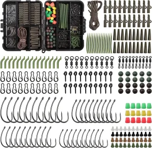 Carp Fishing Equipment Tackle Box Kit 246pcs Include Barbless Hooks, Swivels, Safety Clips, Rubber Tube Sleeves, Various Carp Fishing Rig Accessories