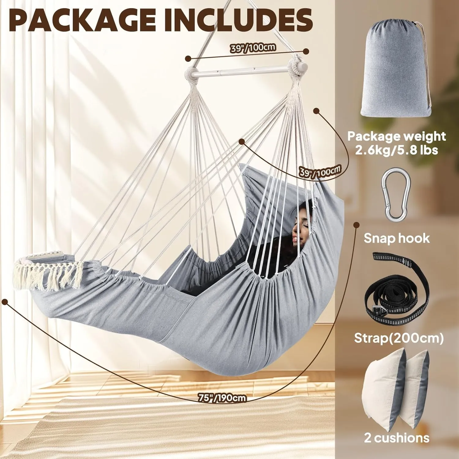 Chihee Hammock Chair Hanging Chair with Foot Rest 2 Cushions Max 500lbs Robust Metal Spreader Bar Collapsible Easy Storage Soft Cotton Swing Chair Strong Strap Iron Carabiner Side Pocket Included