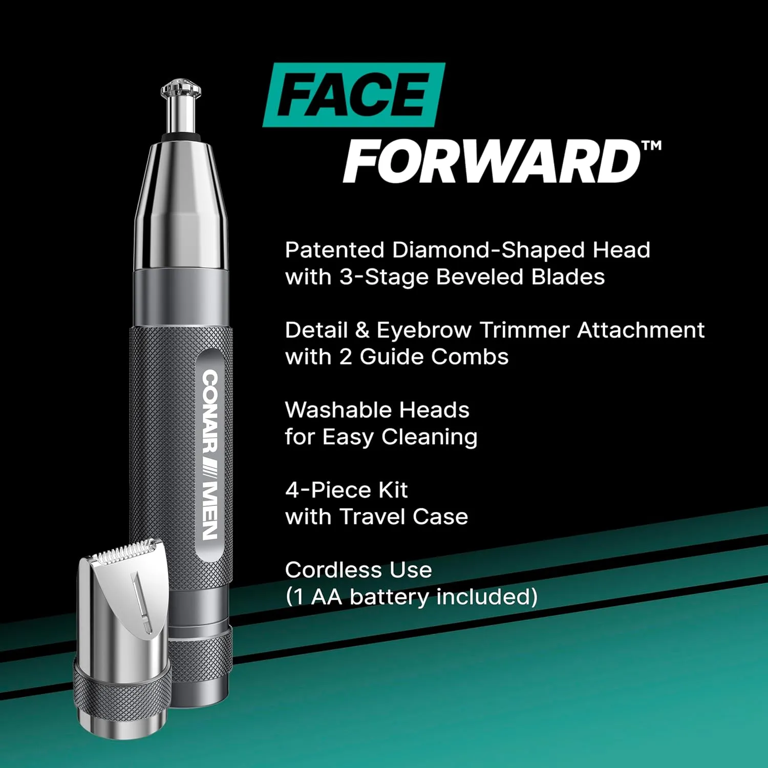 Conair Men Ear, Nose, and Eyebrow Trimmer, Patent 360 Bevel Blade for No Pull, No Snag Trimming Experience, 5-piece Kit with Travel Case