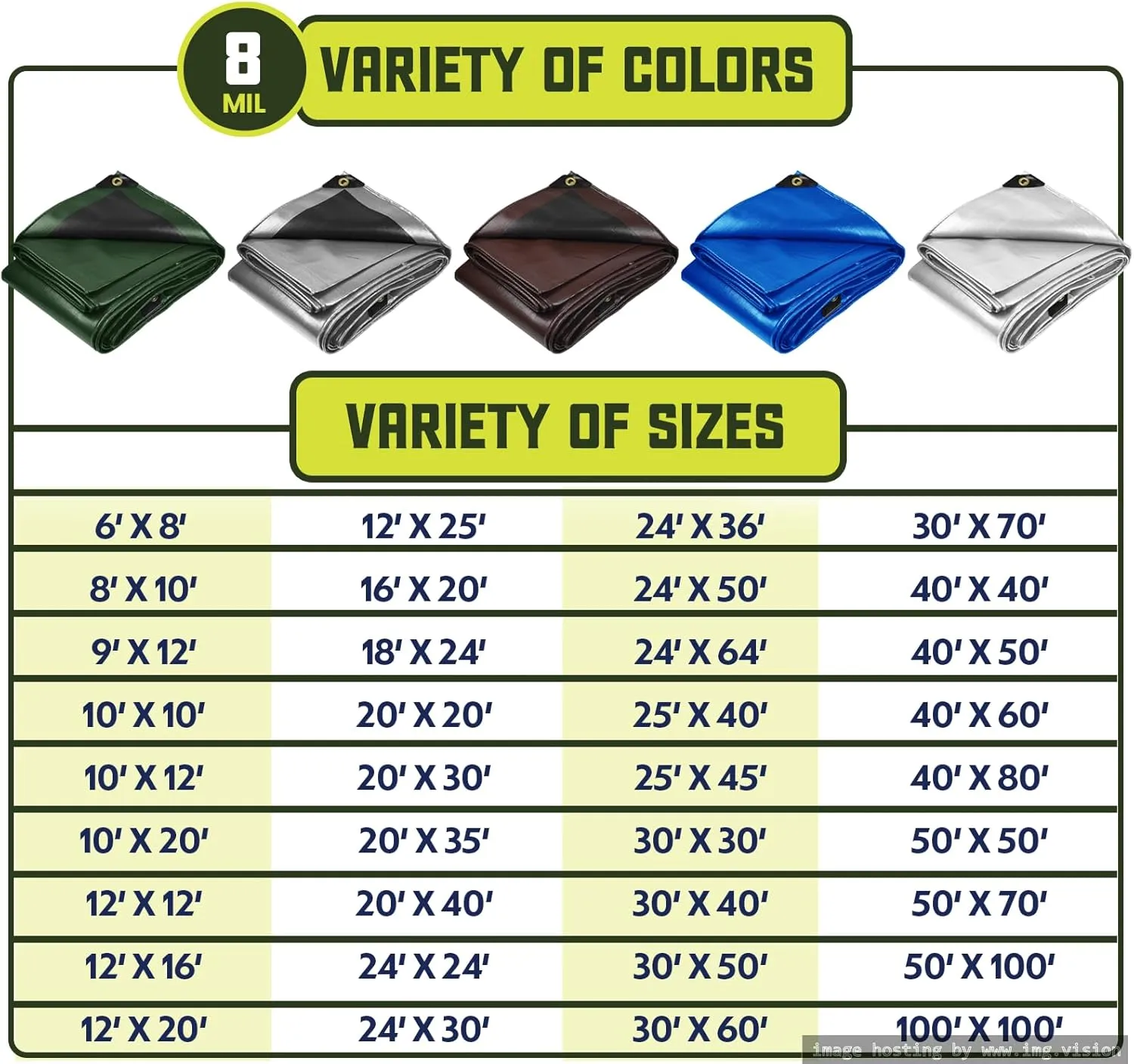 Core Tarps Heavy Duty 8 Mil Tarp Cover, Waterproof, UV Resistant, Rip and Tear Proof, Poly Tarpaulin with Reinforced Edges for Roof, Camping, Patio, Pool, Boat. (Green/Black 20′ X 20′)