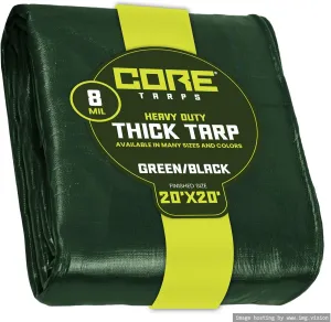 Core Tarps Heavy Duty 8 Mil Tarp Cover, Waterproof, UV Resistant, Rip and Tear Proof, Poly Tarpaulin with Reinforced Edges for Roof, Camping, Patio, Pool, Boat. (Green/Black 20′ X 20′)