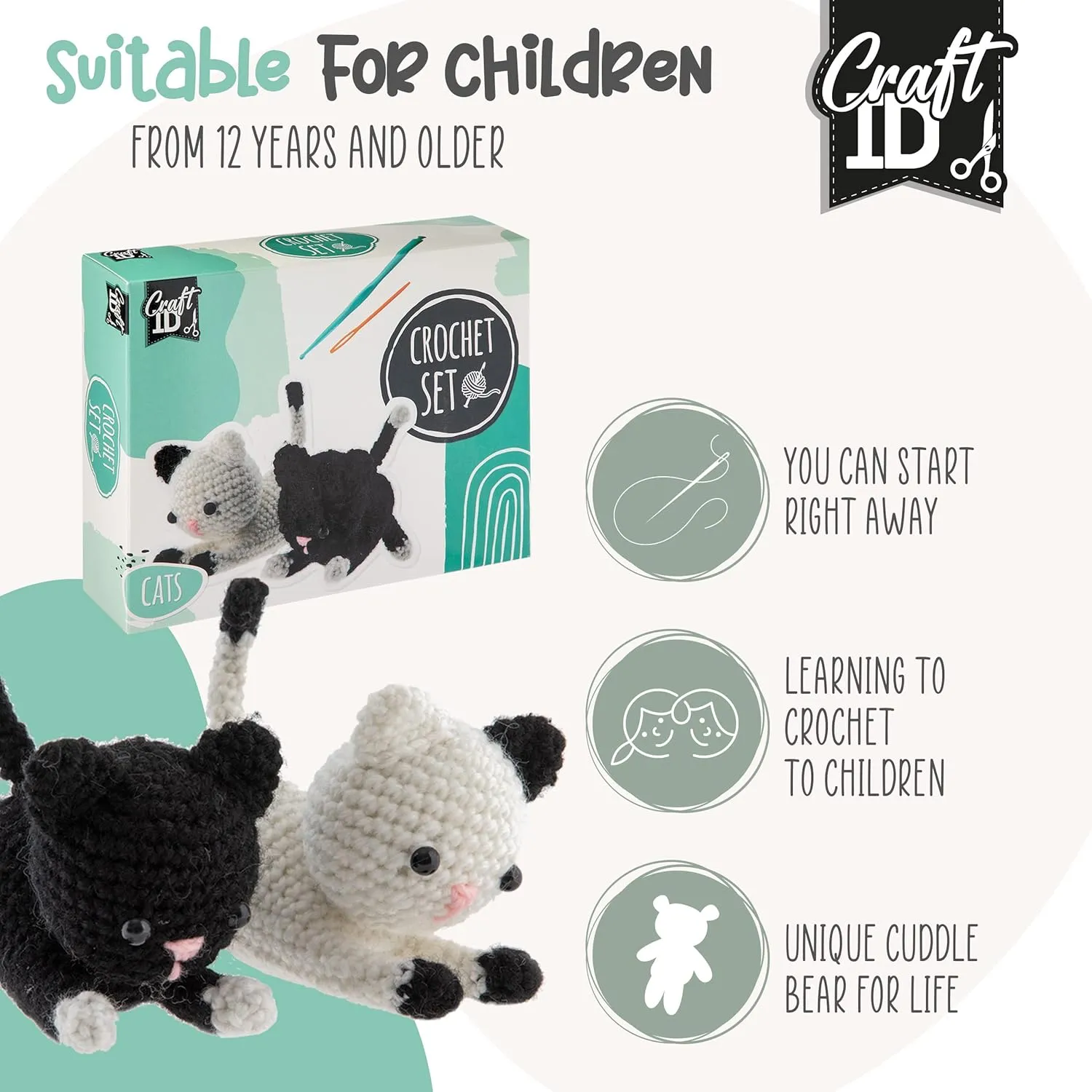 Crochet Kit for Beginners | Craft ID | Amigurumi Set | Kittens | Crochet Knitting Needle Pack for Kids & Adults | Knitting Plush | Pets