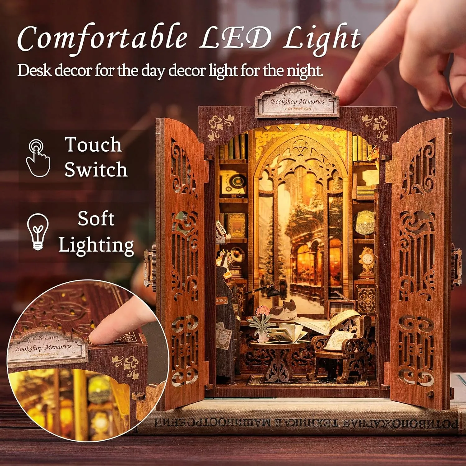 CUTEBEE Book Nook Kit - DIY Miniature House Dollhouse Kit for Adult and Teens, Booknook Bookshelf Decor Alley Model Build with LED Light, Gifts for Family and Friends