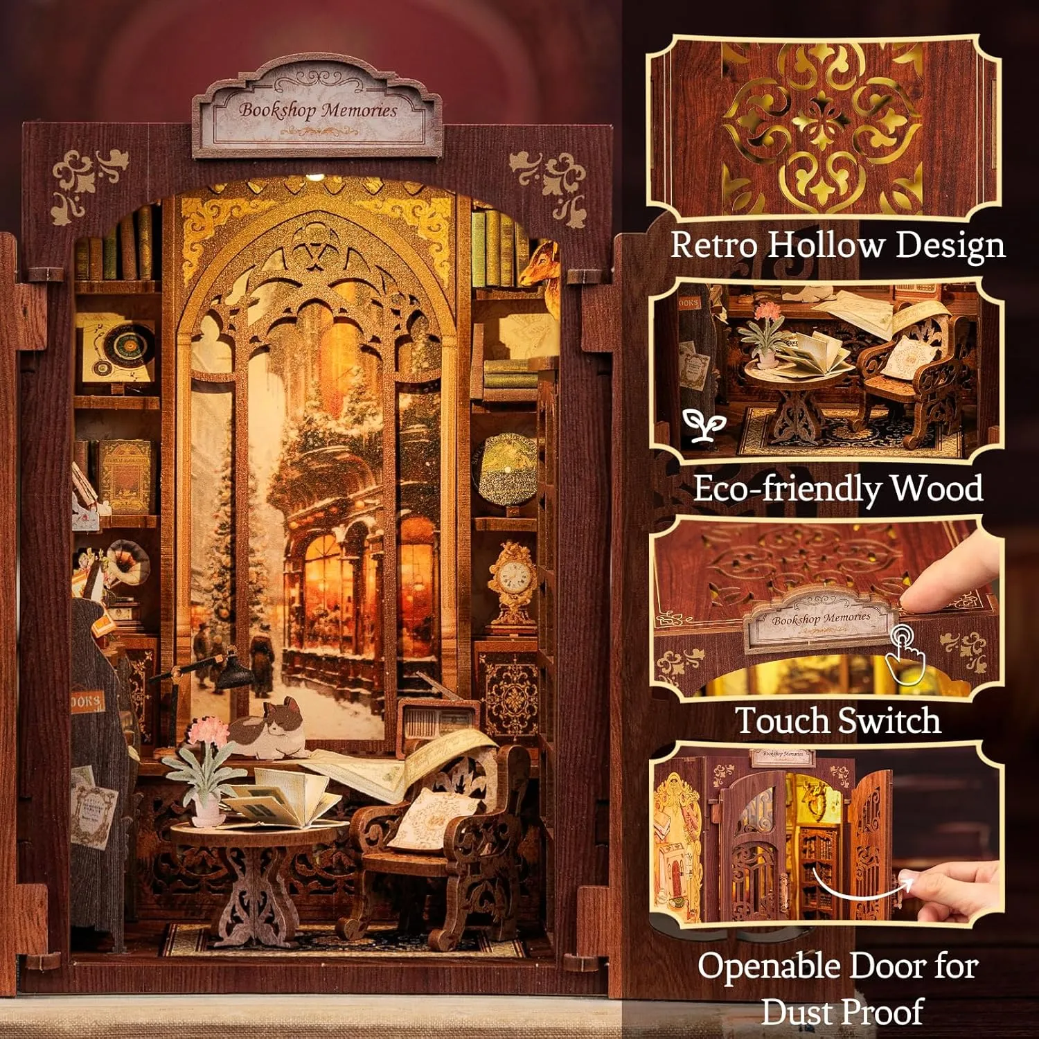 CUTEBEE Book Nook Kit - DIY Miniature House Dollhouse Kit for Adult and Teens, Booknook Bookshelf Decor Alley Model Build with LED Light, Gifts for Family and Friends