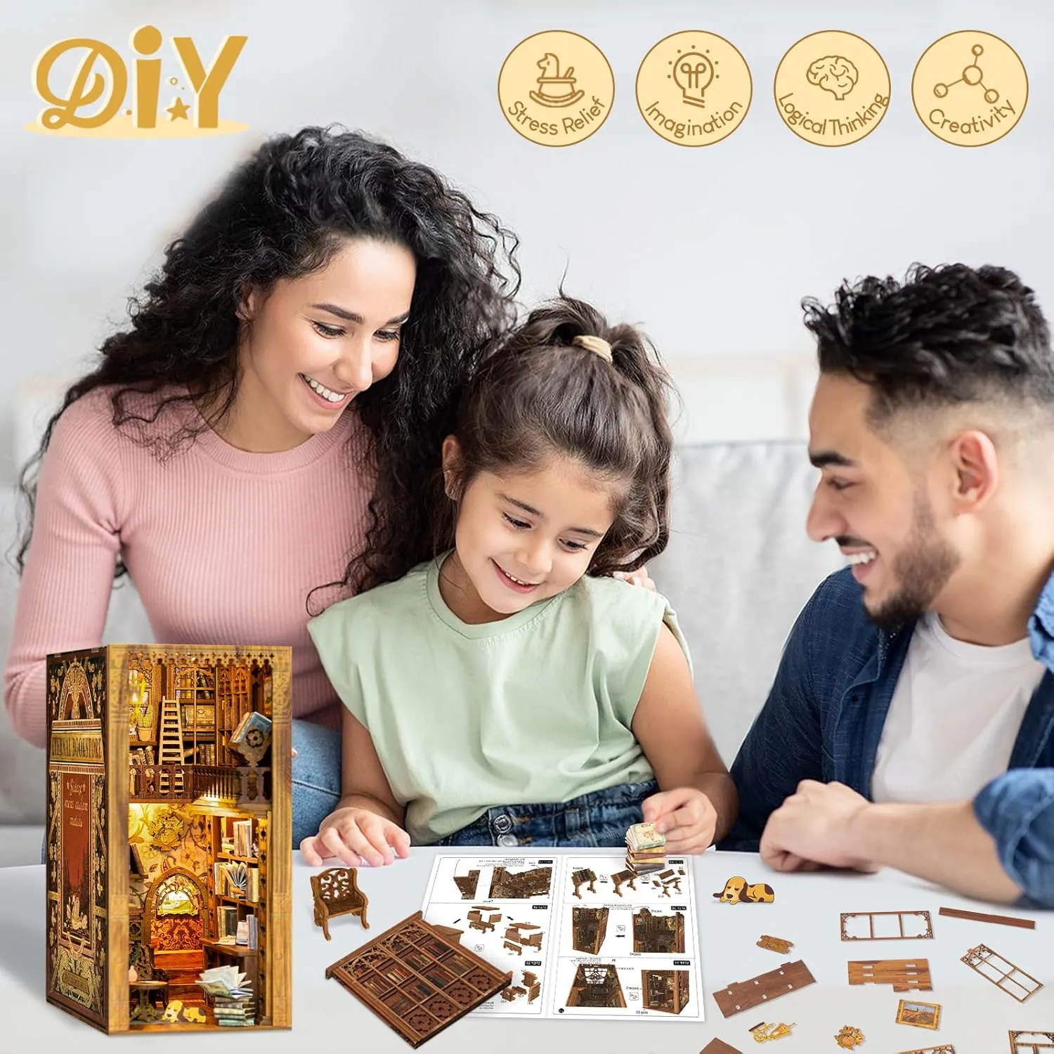 CUTEBEE Book Nook Kit - DIY Miniature House Dollhouse Kit for Adult and Teens, Booknook Bookshelf Decor Alley Model Build with LED Light, Gifts for Family and Friends