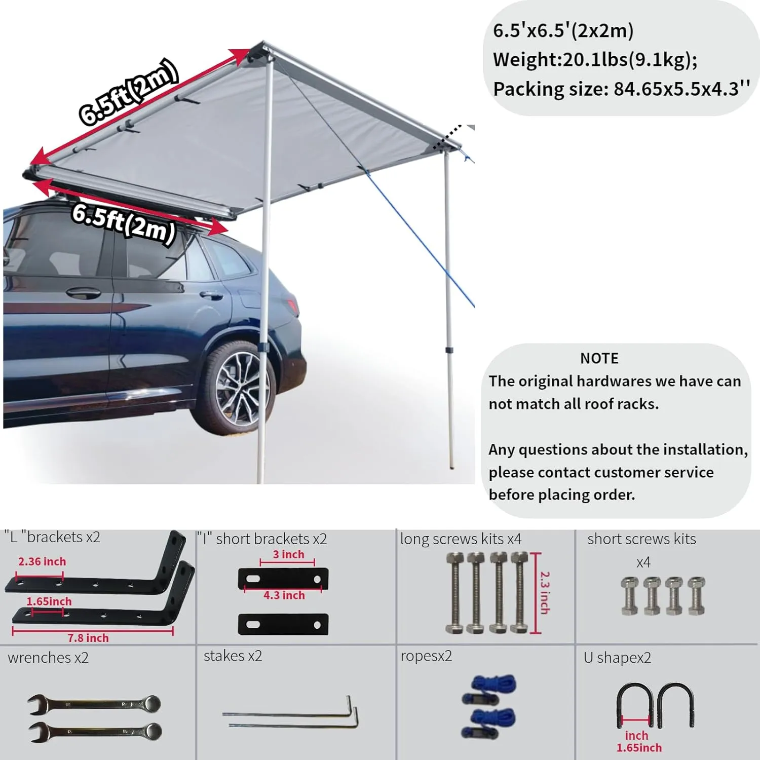 DANCHEL OUTDOOR Roof Rack Pull-Out Car Awning - Waterproof Portable Side Sun Shelter Tarp for SUV/Truck/Van/Camper, 6.5x6.5ft Gray