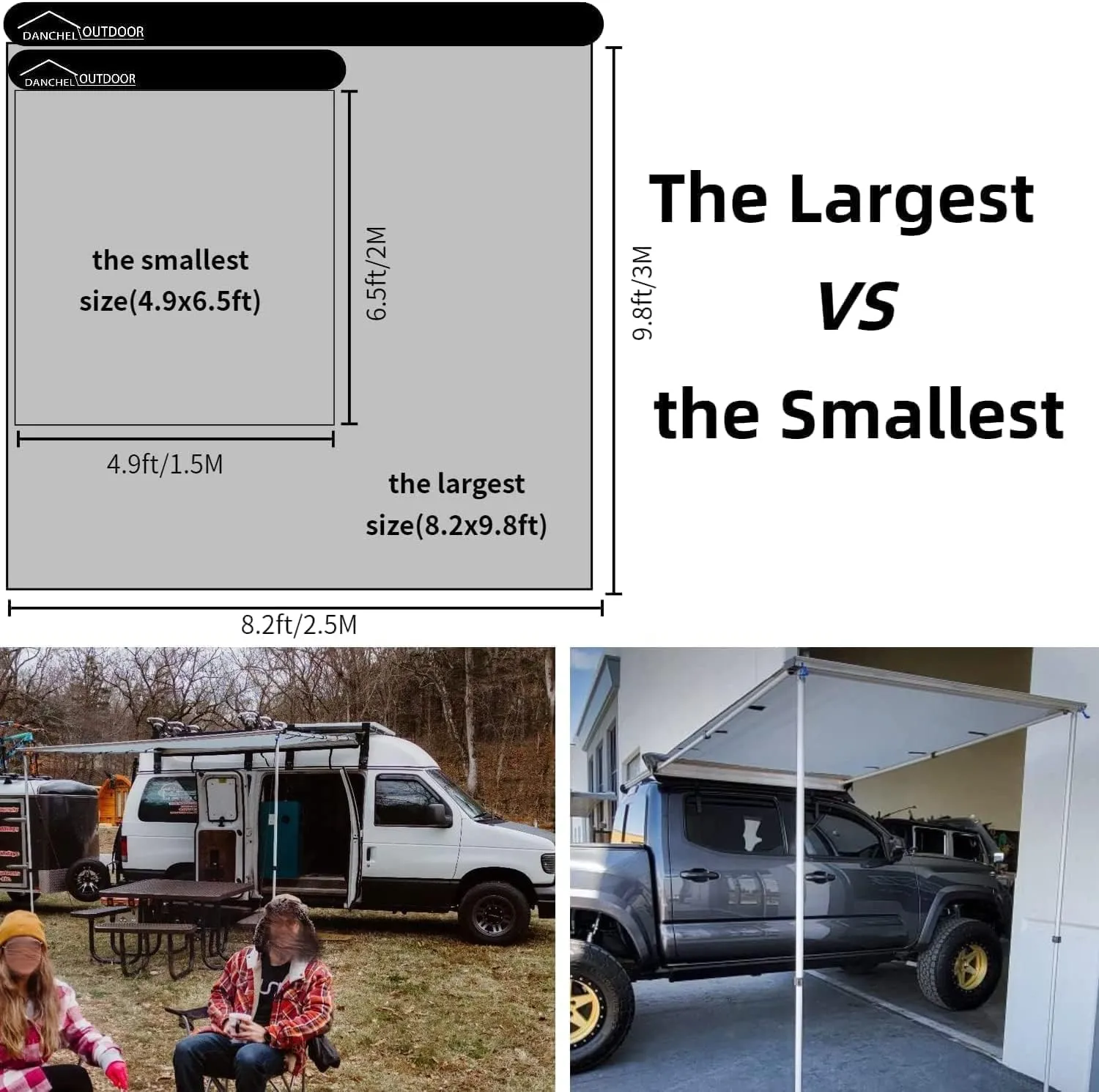 DANCHEL OUTDOOR Roof Rack Pull-Out Car Awning - Waterproof Portable Side Sun Shelter Tarp for SUV/Truck/Van/Camper, 6.5x6.5ft Gray