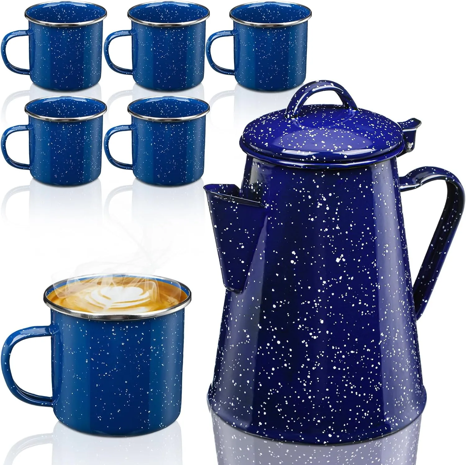 Dandat 12 Cup Enamelware Coffee Pot with 6 Pcs 12 oz Enamel Coffee Mug Tea Camp Drinking Cups for Picnic Home Camping, Blue