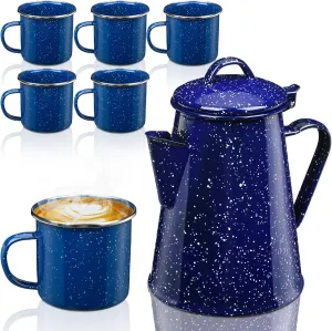 Dandat 12 Cup Enamelware Coffee Pot with 6 Pcs 12 oz Enamel Coffee Mug Tea Camp Drinking Cups for Picnic Home Camping, Blue