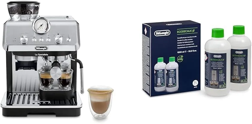 De'Longhi La Specialista Espresso Machine with Grinder, Milk Frother, 1450W, Barista Kit - Bean to Cup Coffee & Cappuccino Maker & Eco Descaler Set of 2, Two Bottles, Clear