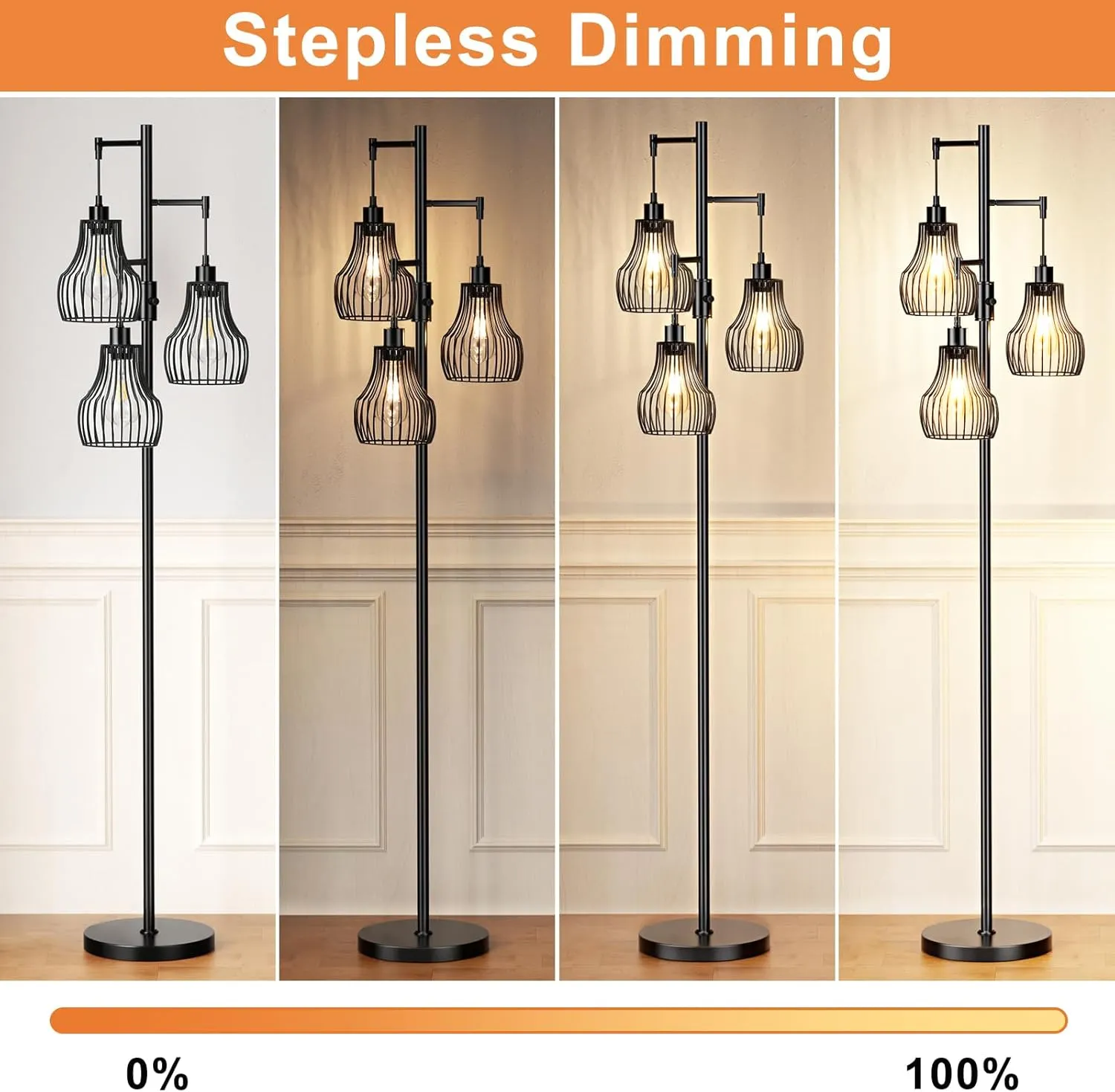 Dimmable Floor Lamp, 3 x 800LM LED Edison Bulbs Included, Farmhouse Industrial Floor Lamp Standing Tree Lamp with Elegant Cage Tall Lamps for Living Room Bedroom Office - Black