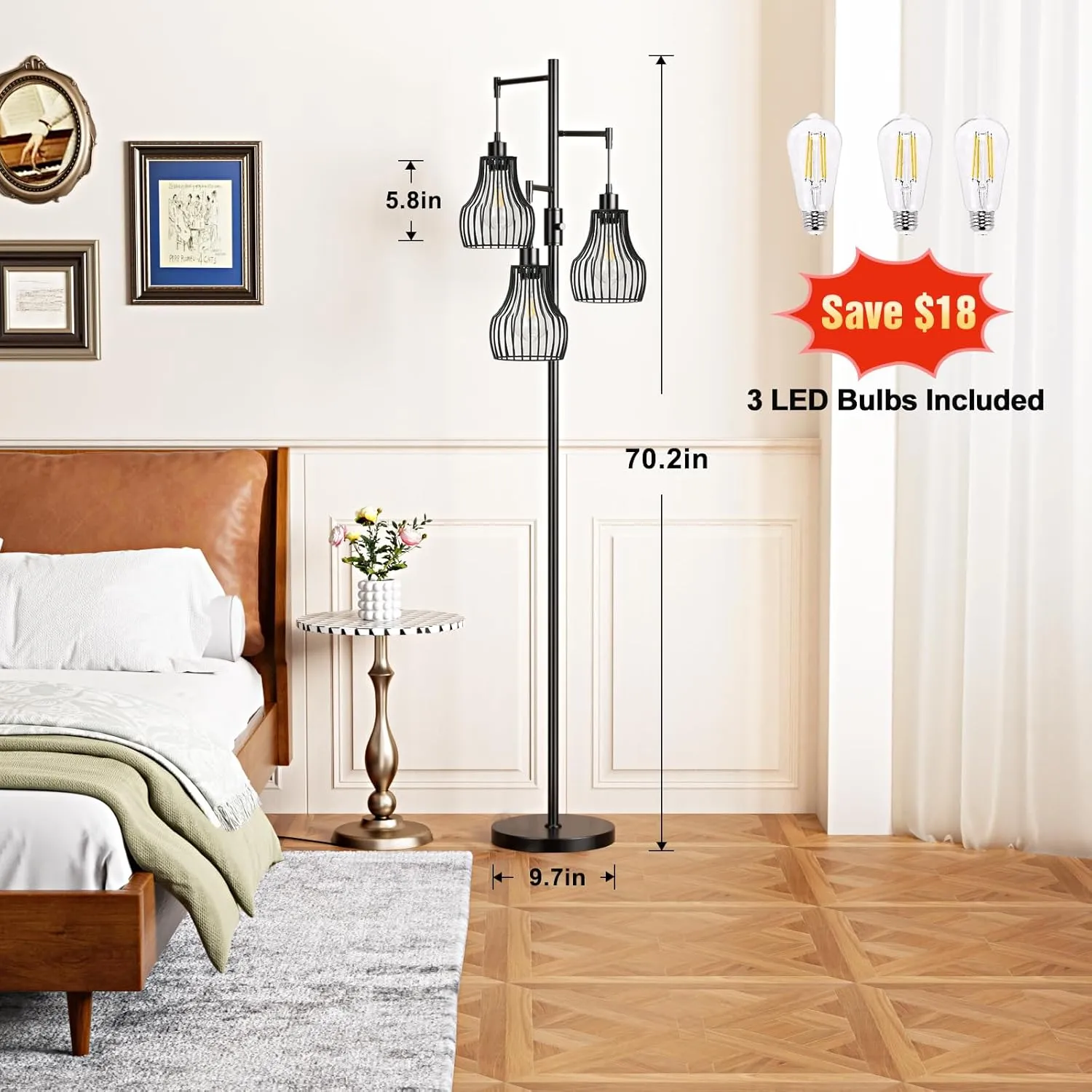 Dimmable Floor Lamp, 3 x 800LM LED Edison Bulbs Included, Farmhouse Industrial Floor Lamp Standing Tree Lamp with Elegant Cage Tall Lamps for Living Room Bedroom Office - Black