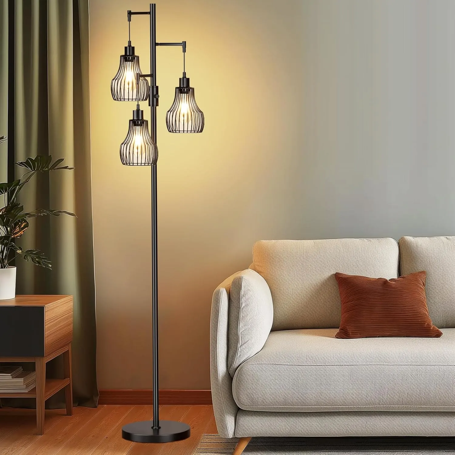 Dimmable Floor Lamp, 3 x 800LM LED Edison Bulbs Included, Farmhouse Industrial Floor Lamp Standing Tree Lamp with Elegant Cage Tall Lamps for Living Room Bedroom Office - Black