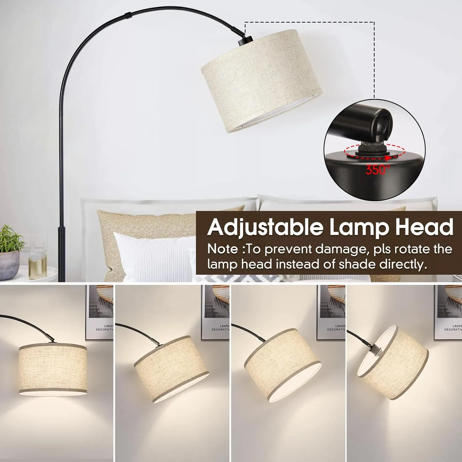 Dimmable Floor Lamp, Arc Floor Lamp with Dimmer, Black Standing Lamp with Adjustable Hanging Shade, Over Couch Tall Reading Light, Modern Pole Lamp for Living Room Bedroom, 9W LED Bulb Included
