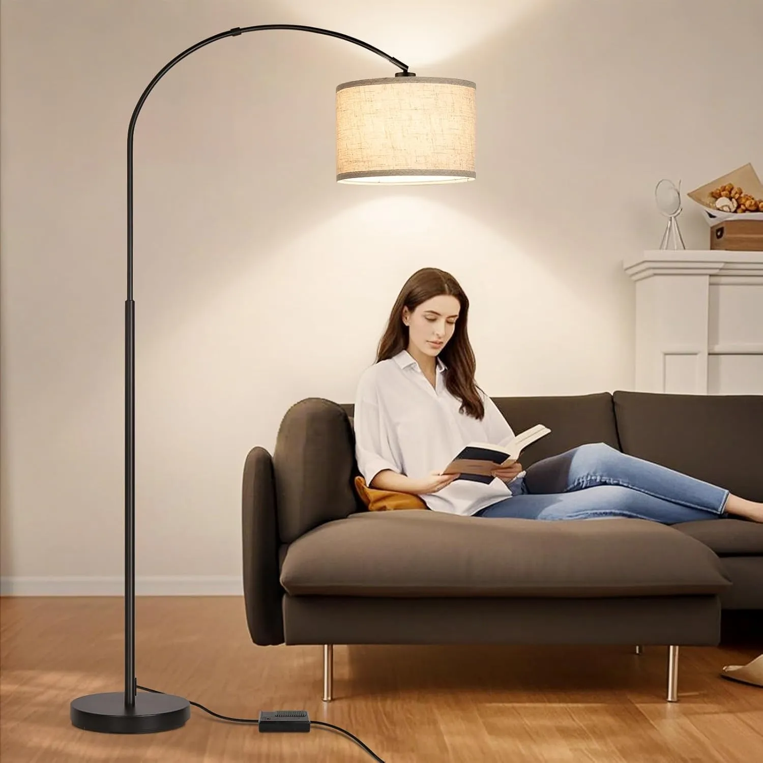 Dimmable Floor Lamp, Arc Floor Lamp with Dimmer, Black Standing Lamp with Adjustable Hanging Shade, Over Couch Tall Reading Light, Modern Pole Lamp for Living Room Bedroom, 9W LED Bulb Included