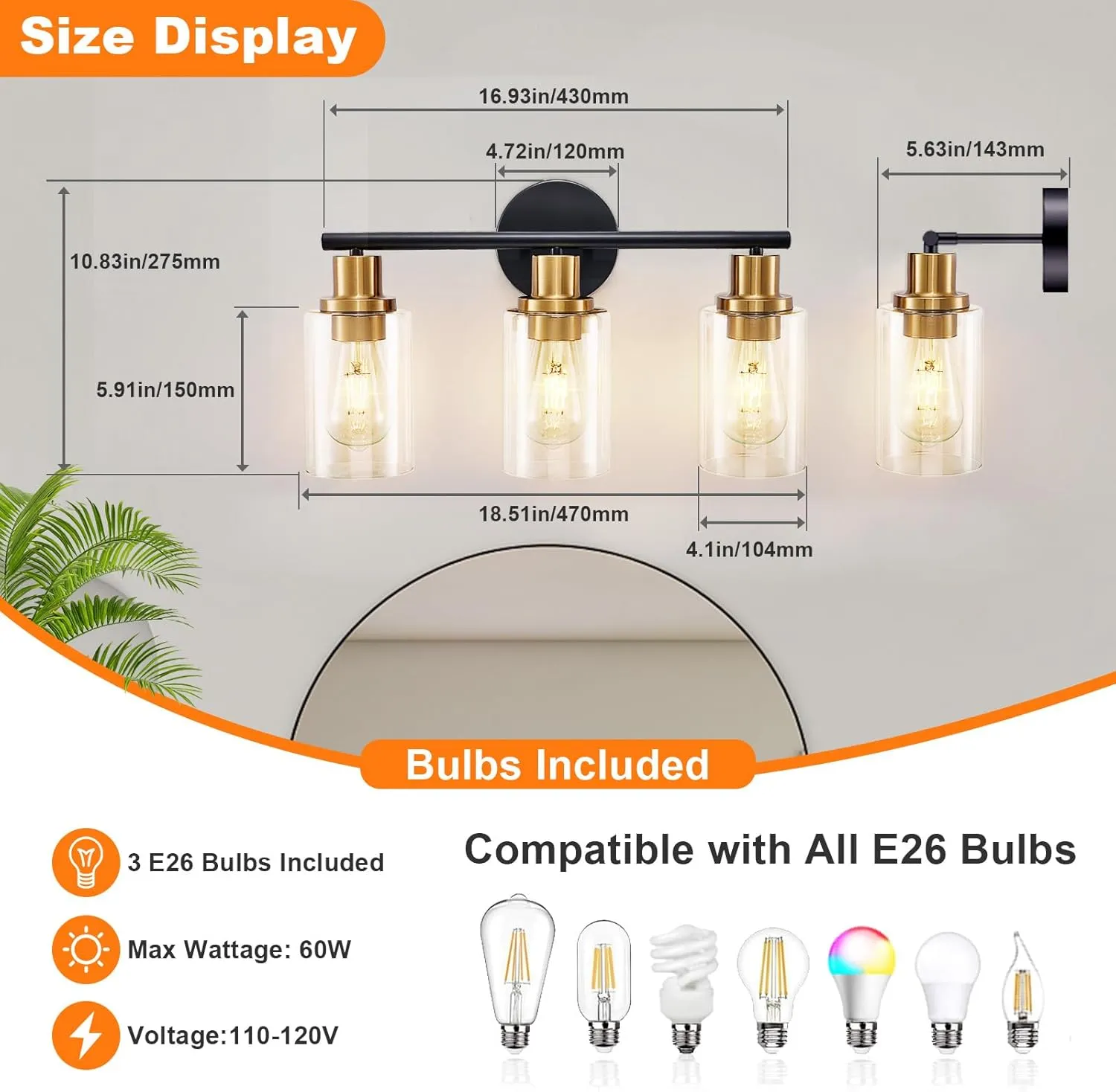 DLLT 3-Light Bathroom Light Fixtures: Black and Gold Modern Vanity Lights with 3 E26 Bulbs - Clear Glass Shade Bathroom Wall Lamp for Mirror Kitchen Living Room Hallway Cabinet Porch