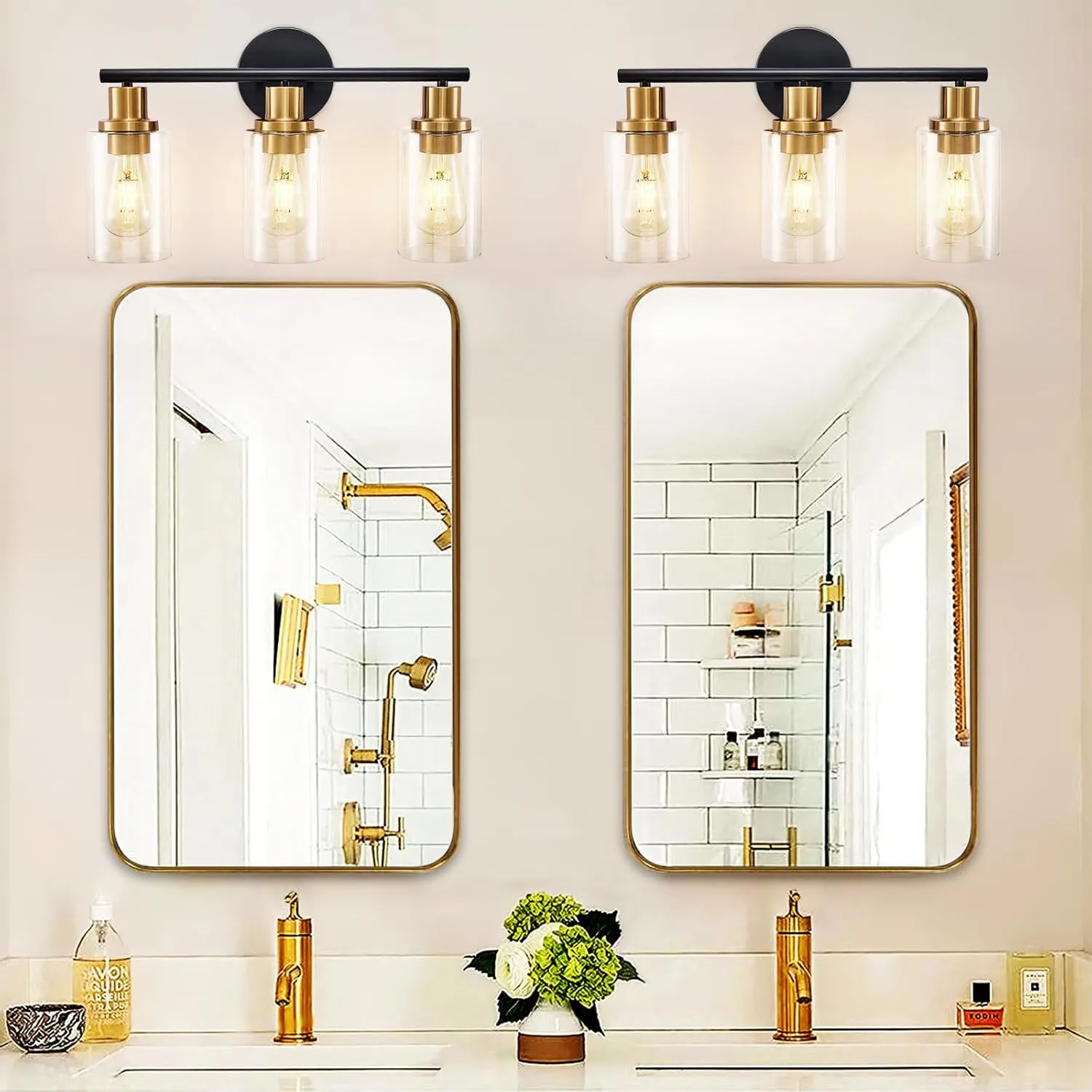 DLLT 3-Light Bathroom Light Fixtures: Black and Gold Modern Vanity Lights with 3 E26 Bulbs - Clear Glass Shade Bathroom Wall Lamp for Mirror Kitchen Living Room Hallway Cabinet Porch