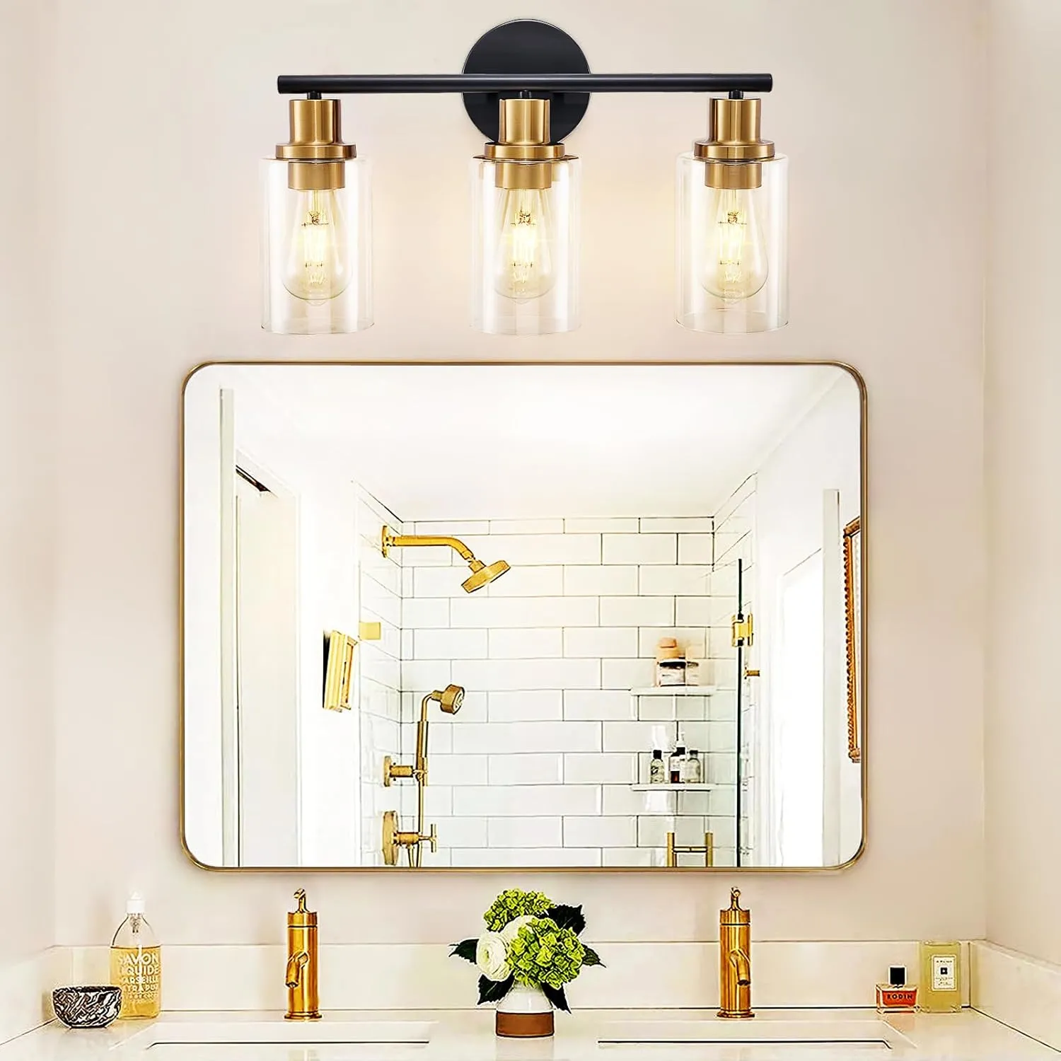 DLLT 3-Light Bathroom Light Fixtures: Black and Gold Modern Vanity Lights with 3 E26 Bulbs - Clear Glass Shade Bathroom Wall Lamp for Mirror Kitchen Living Room Hallway Cabinet Porch