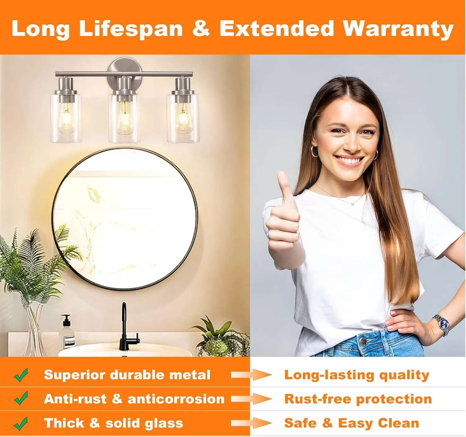 DLLT 3-Light Bathroom Light Fixtures: Nickel Modern Vanity Lights with E26 Bulbs - Clear Glass Shade Bathroom Wall Lamp for Mirror Kitchen Living Room Hallway Cabinet Porch