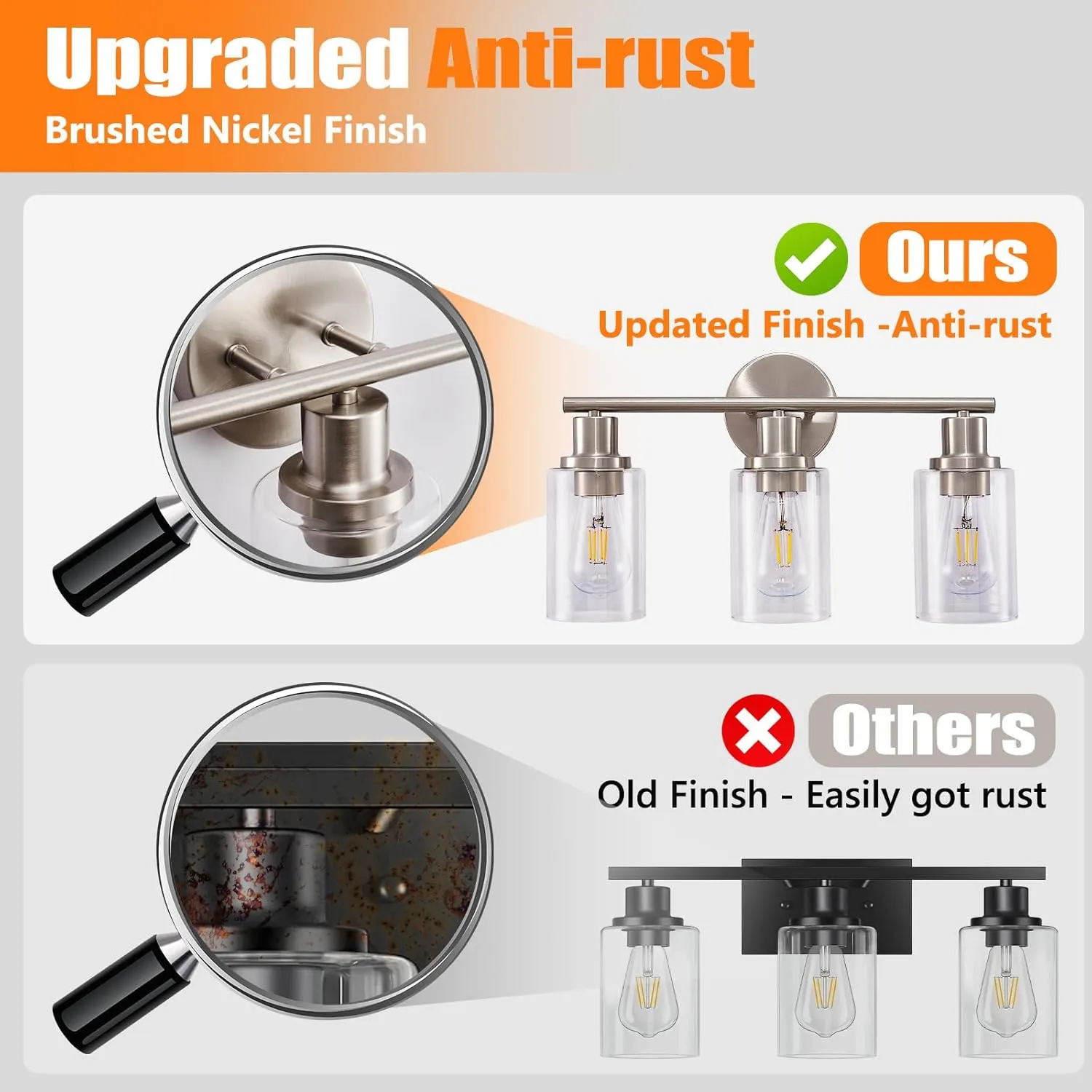 DLLT 3-Light Bathroom Light Fixtures: Nickel Modern Vanity Lights with E26 Bulbs - Clear Glass Shade Bathroom Wall Lamp for Mirror Kitchen Living Room Hallway Cabinet Porch