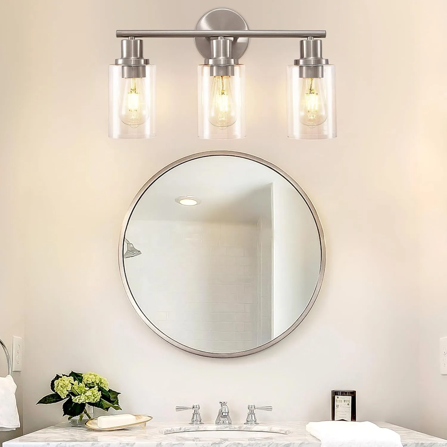 DLLT 3-Light Bathroom Light Fixtures: Nickel Modern Vanity Lights with E26 Bulbs - Clear Glass Shade Bathroom Wall Lamp for Mirror Kitchen Living Room Hallway Cabinet Porch
