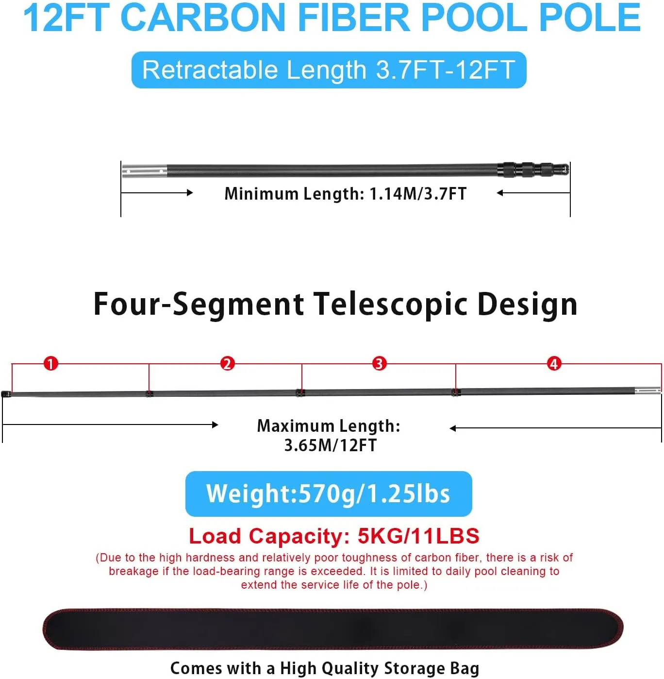 DOBEN Carbon Fiber Pool Pole Telescopic, Professional Ultralight Pool Poles 3.7 to 12 FT, Telescoping Lightweight Pool Cleaning Pole, Heavy Duty Pool Pole for Skimmer Net, Brush, Vacuum Head 12FT
