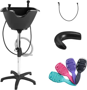 Dompel Wash Unit with Headrest and Set of 4 Hair Brushes | Handicap & Disabled, Seniors | Hairstylist, home services | Portable Shampoo Bowl with Chrome Steel Structure | Includes Drain Hose, Faucet