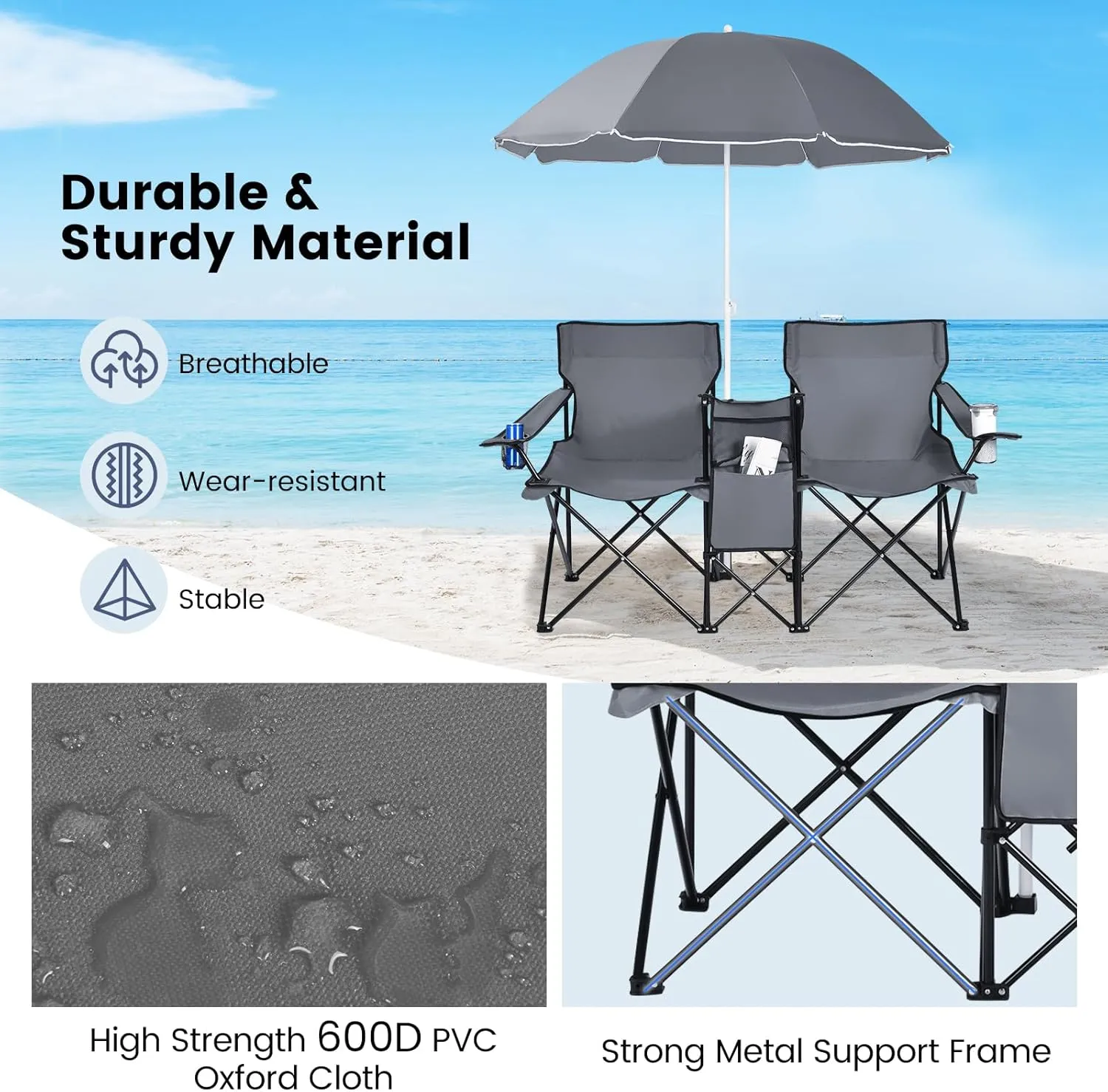Double Camping Chair, 2-Person Portable Beach Chair w/Removable Umbrella, Cup Holders & Carrying Bag, Folding Loveseat Chairs for Adults Outdoor Picnic (Grey)