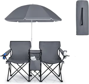 Double Camping Chair, 2-Person Portable Beach Chair w/Removable Umbrella, Cup Holders & Carrying Bag, Folding Loveseat Chairs for Adults Outdoor Picnic (Grey)