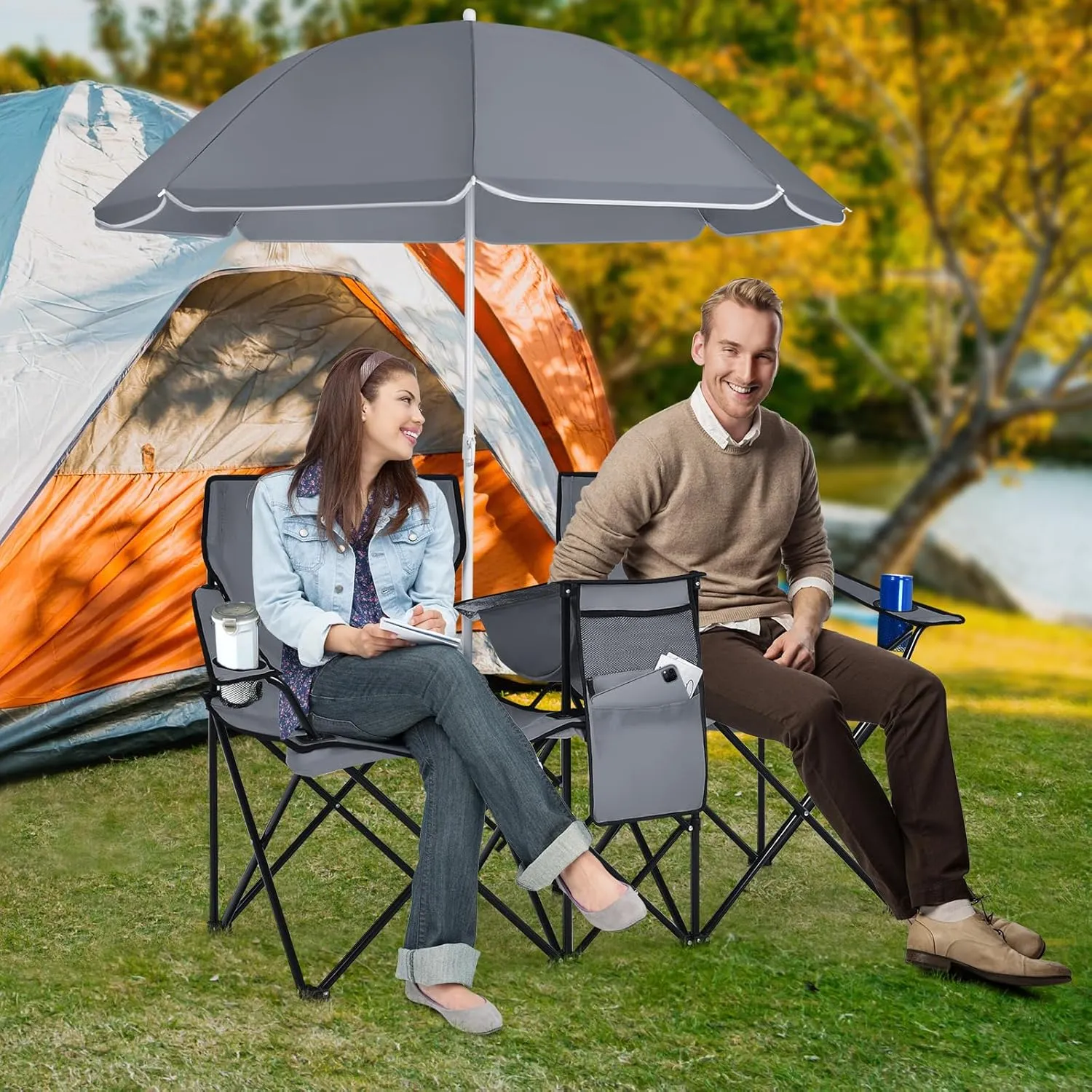Double Camping Chair, 2-Person Portable Beach Chair w/Removable Umbrella, Cup Holders & Carrying Bag, Folding Loveseat Chairs for Adults Outdoor Picnic (Grey)