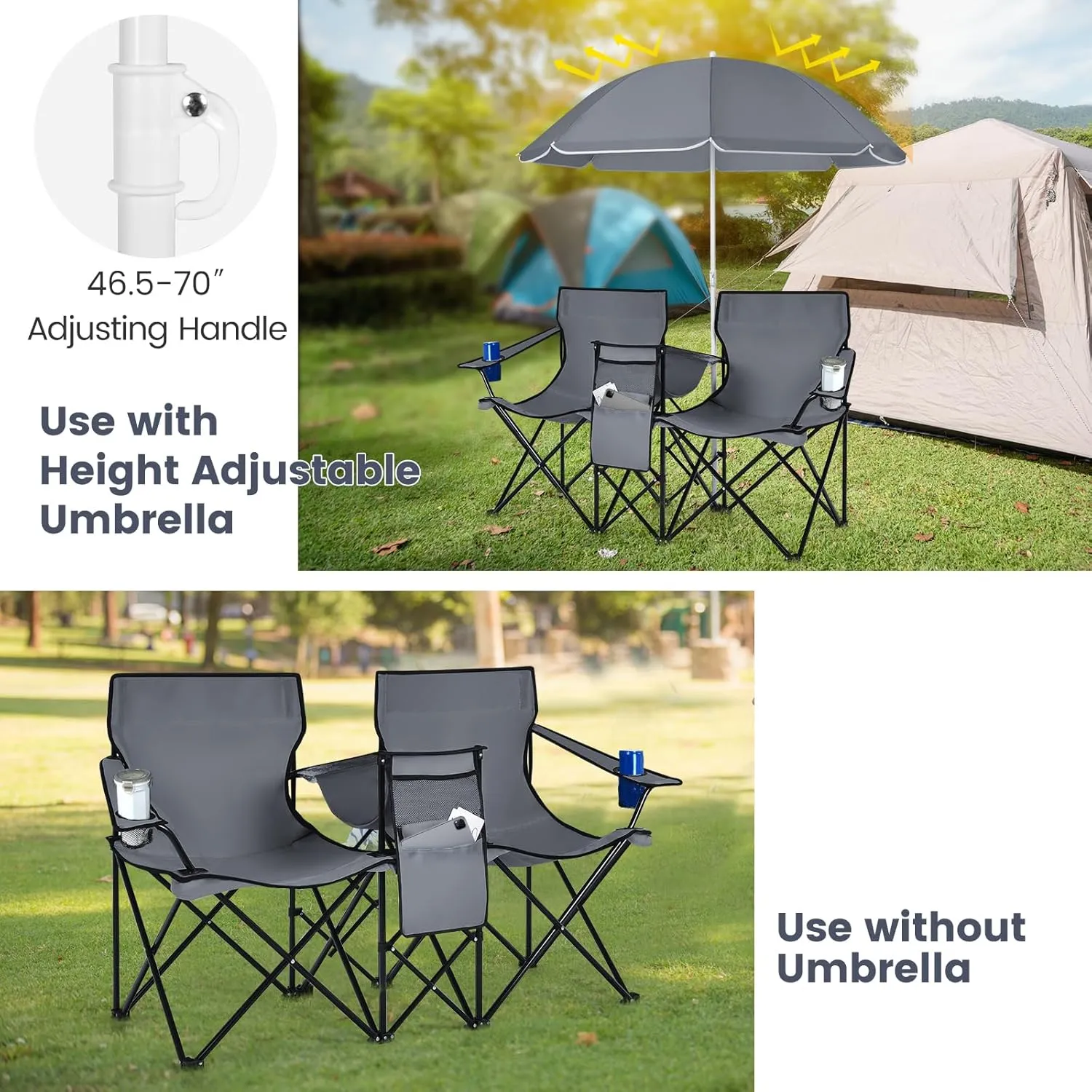 Double Camping Chair, 2-Person Portable Beach Chair w/Removable Umbrella, Cup Holders & Carrying Bag, Folding Loveseat Chairs for Adults Outdoor Picnic (Grey)