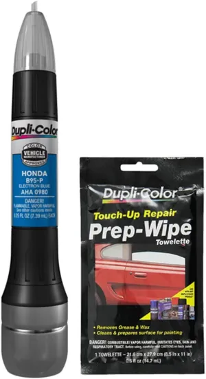 Dupli-Color AHA0980 Electron Blue Exact-Match Scratch Fix All-in-1 Touch-Up Paint Compatible with Honda Vehicles Bundle with Prep Wipe Towelette (2 Items)