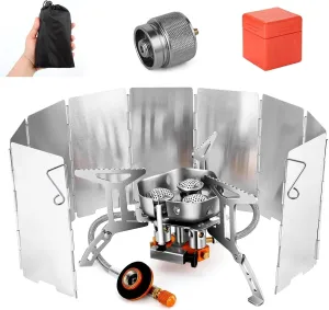 EatingBiting 3500W Camping Gas Stove with Case for Backpackers Hikers Collapsible Windproof Camping Stove with Windscreen Piezo Ignition Fuel Canister Adapter Backpacking for Outdoor Hiking Picnic